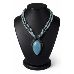 Boho Glass Stone Teardrop Statement Necklace Braided Cord Blue Rhinestone